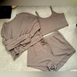Three-piece waffle knit lounge set